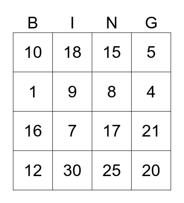 numeros 1-30 Bingo Card