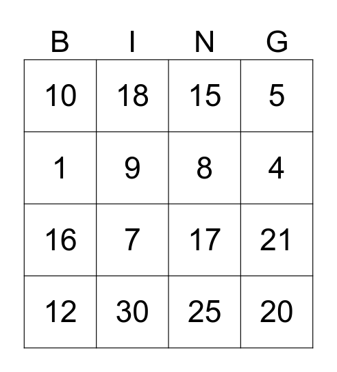 numeros 1-30 Bingo Card