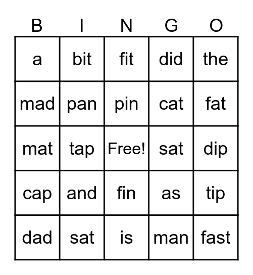 short a / short i Bingo Card
