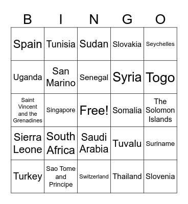 COUNTRIES OF THE WORLD Bingo Card