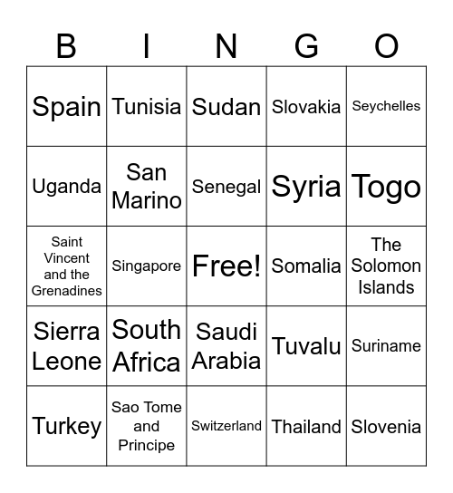 COUNTRIES OF THE WORLD Bingo Card