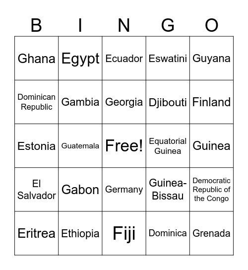 COUNTRIES OF THE WORLD Bingo Card