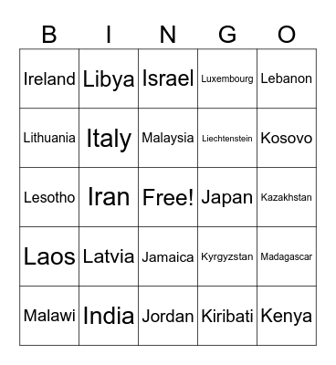 COUNTRIES OF THE WORLD Bingo Card