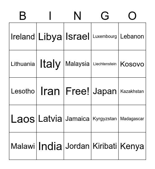 COUNTRIES OF THE WORLD Bingo Card