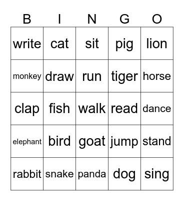 Animal & Action Bingo Card