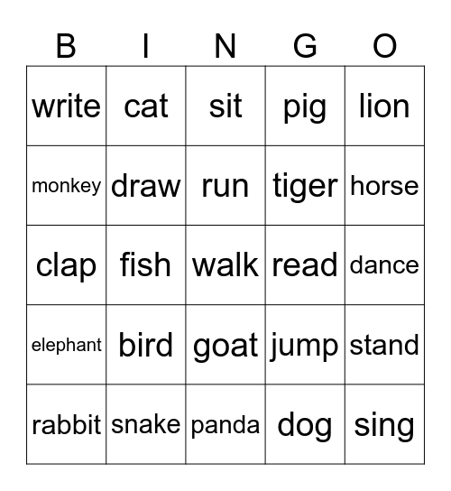 Animal & Action Bingo Card