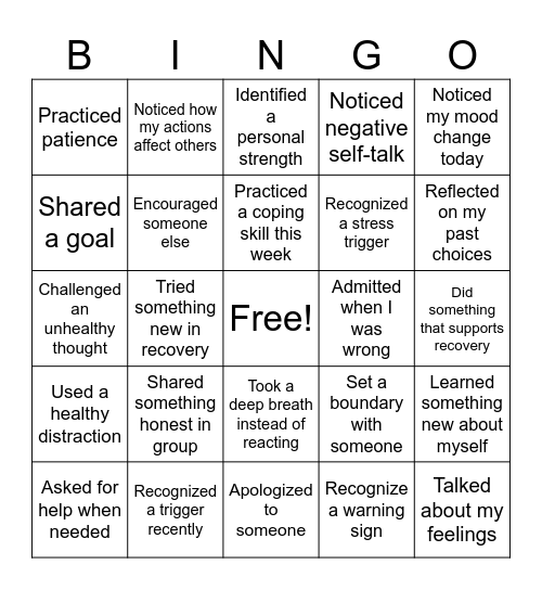 Self awareness Bingo Card