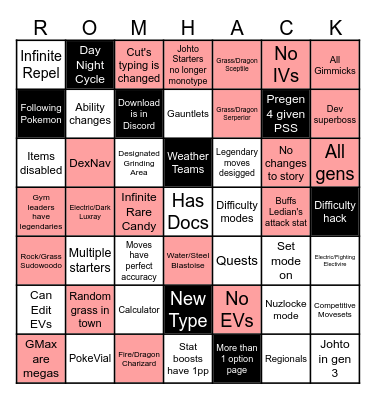 Pokemon ROMHACK Bingo Card