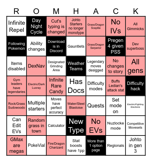 Pokemon ROMHACK Bingo Card