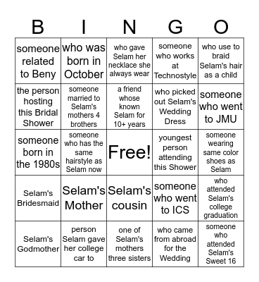 Selam's Bridal Shower Bingo Card