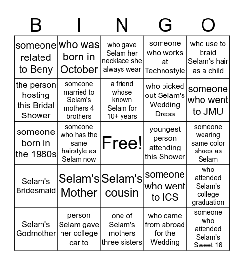 Selam's Bridal Shower Bingo Card