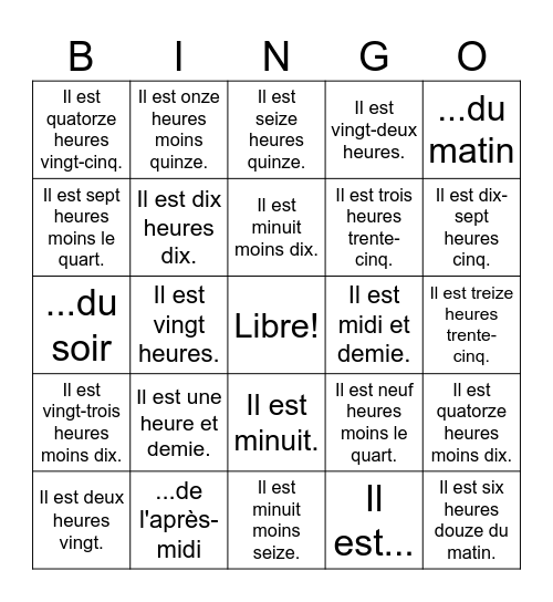 L'heure Bingo Card