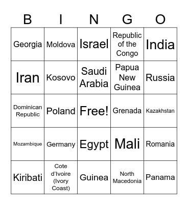 COUNTRIES OF THE WORLD Bingo Card