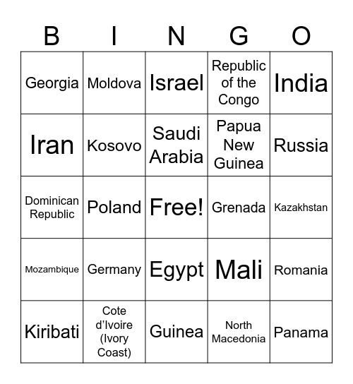 COUNTRIES OF THE WORLD Bingo Card