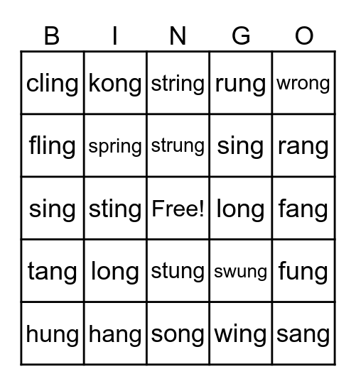 ing, ang, ong, ung Bingo Card