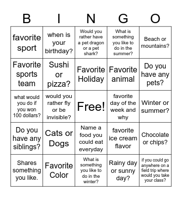 Conversation Starter Bingo Card