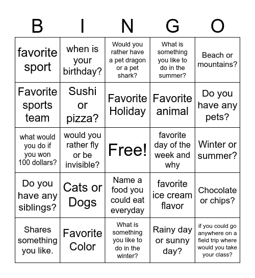Conversation Starter Bingo Card