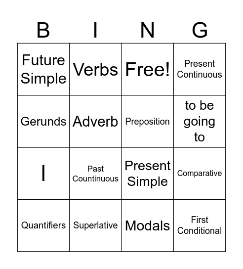 English Grammar Bingo Card