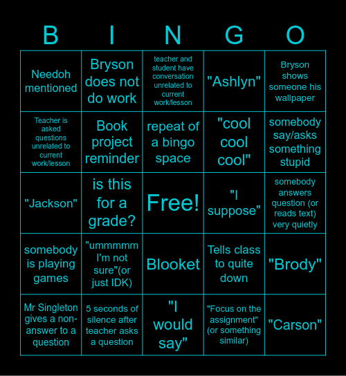 Second Block Bingo Card