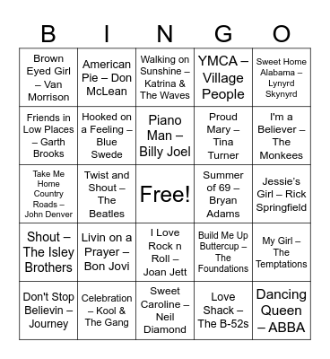 Round 2: Legendary Sing-Alongs Bingo Card
