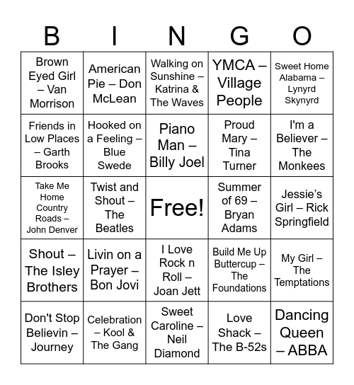 Round 2: Legendary Sing-Alongs Bingo Card