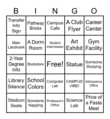 College Visit BINGO! Bingo Card