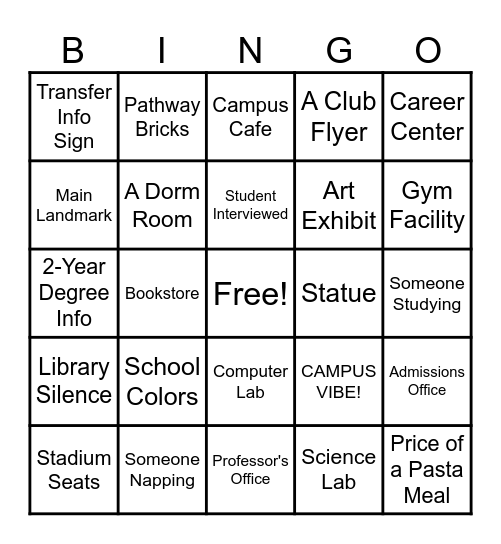 College Visit BINGO! Bingo Card