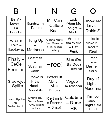 Round 4: Dancefloor Throwbacks Bingo Card