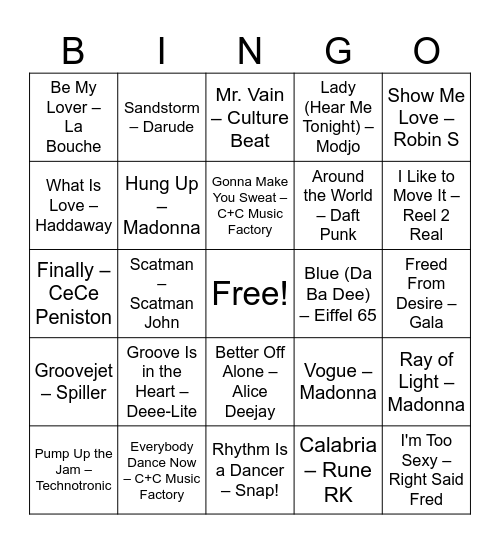 Round 4: Dancefloor Throwbacks Bingo Card