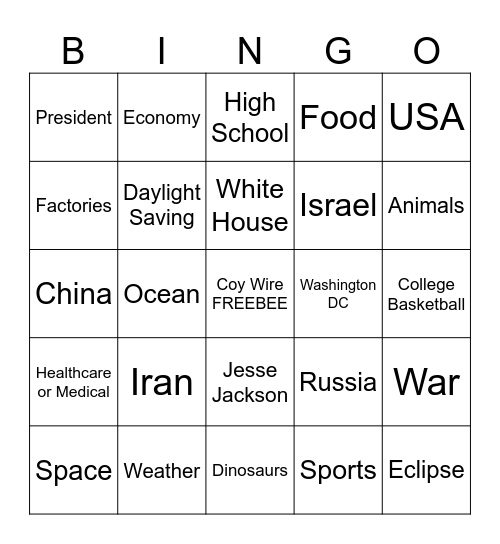 CNN 10 Bingo Card
