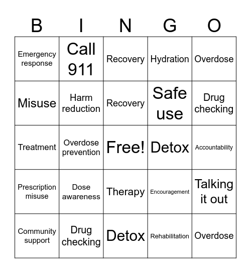 Harm Reduction Bingo Card