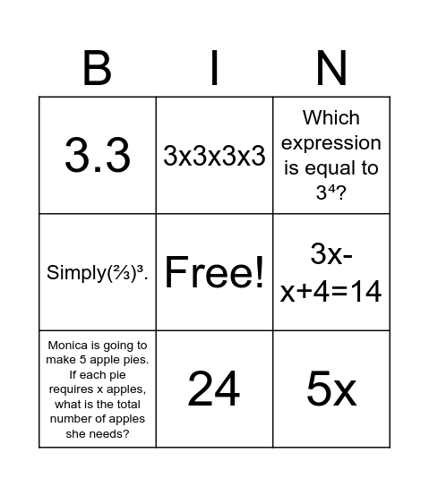 Expressions & Equations Bingo Card