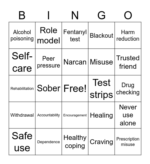 Harm Reduction Bingo Card