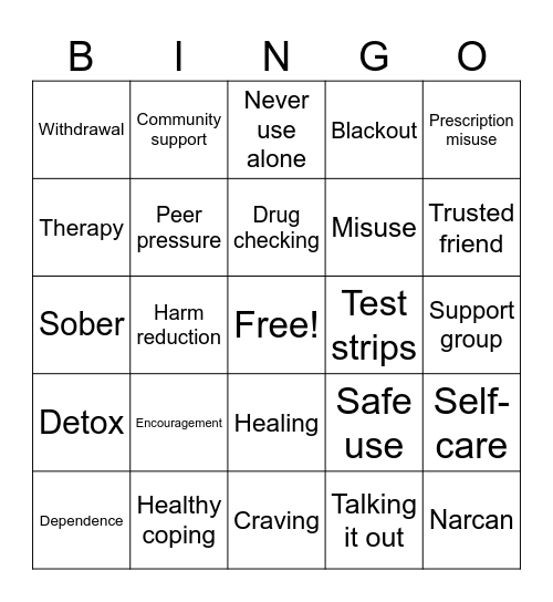 Harm Reduction Bingo Card