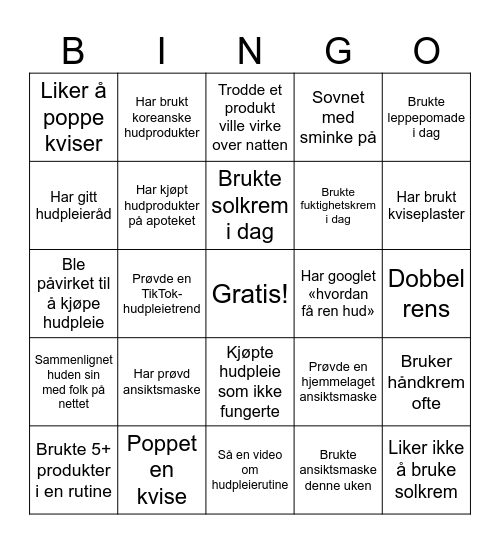 Hudpleie Bingo Card