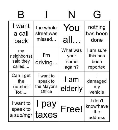 311 week Bingo #1 Bingo Card