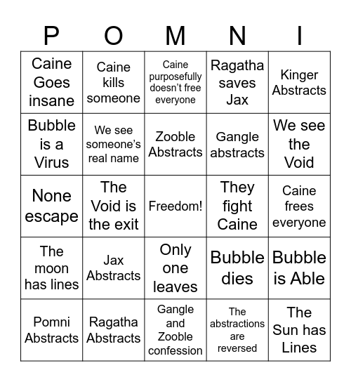 Episode 8 Predictions. Bingo Card