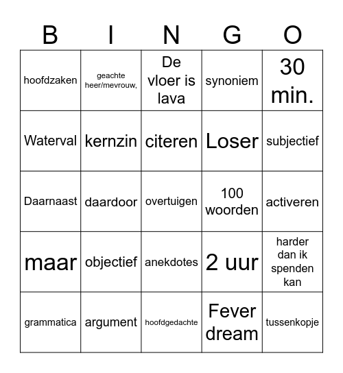 Laatste les bingo Card