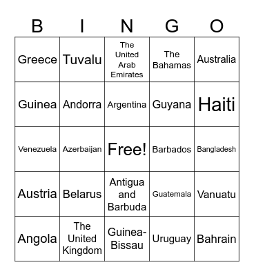 COUNTRIES OF THE WORLD Bingo Card