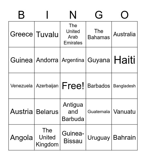 COUNTRIES OF THE WORLD Bingo Card