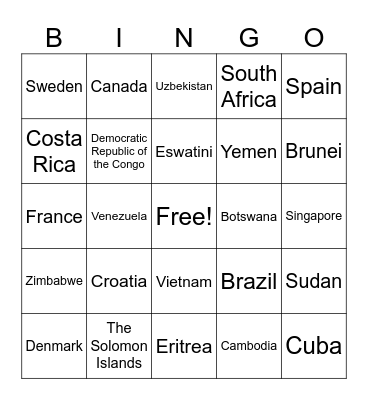 COUNTRIES OF THE WORLD Bingo Card