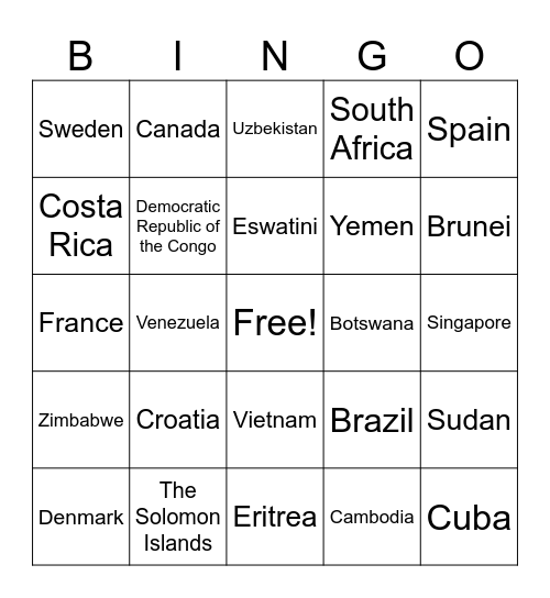 COUNTRIES OF THE WORLD Bingo Card