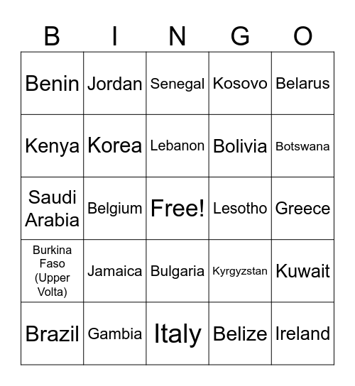 COUNTRIES OF THE WORLD Bingo Card
