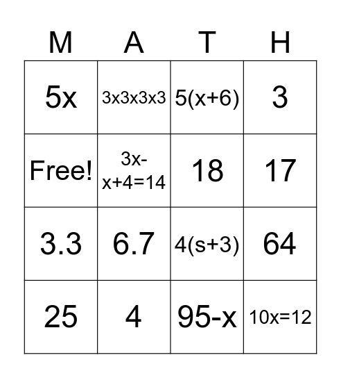 Expressions & Equations Bingo Card