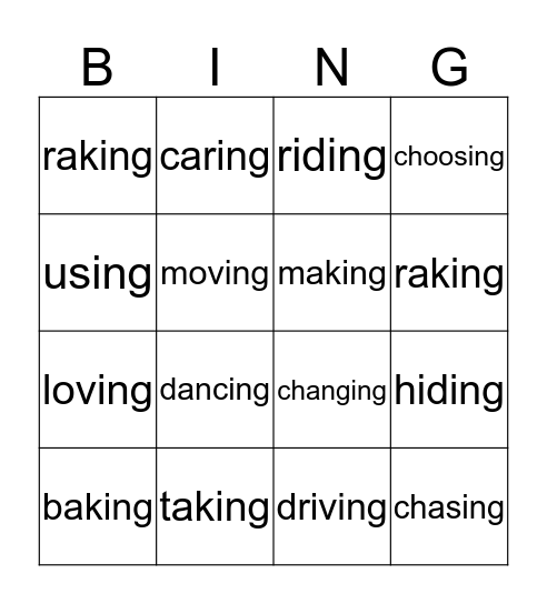 Adding ING to words with silent E Bingo Card