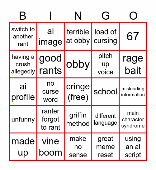 roblox rant Bingo Card