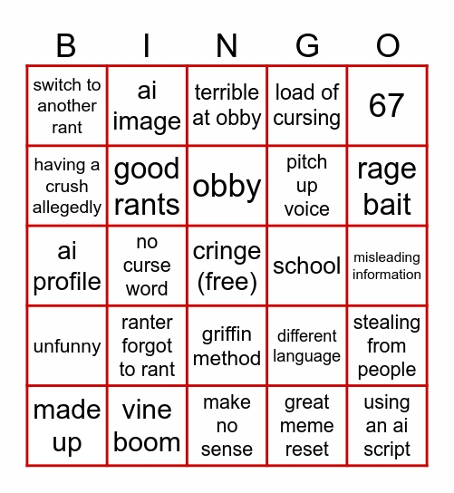 roblox rant Bingo Card