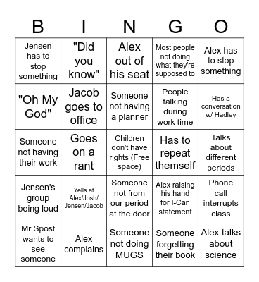 7th Period English Bingo Card