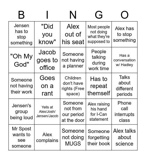 7th Period English Bingo Card