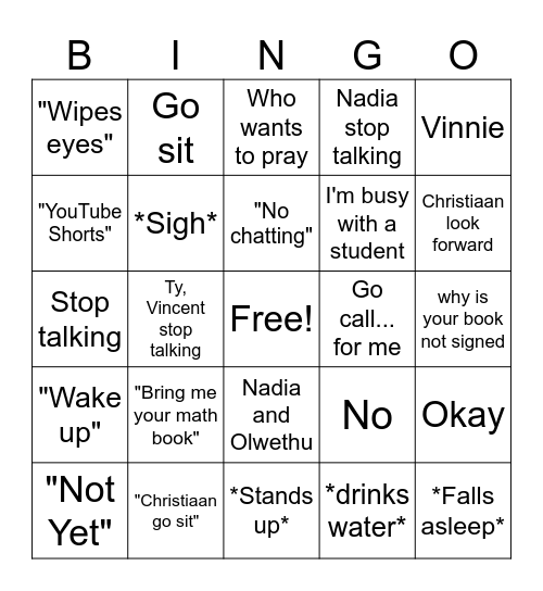 Sir Francius actions and lines bingo card Bingo Card